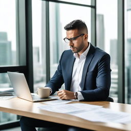 A professional individual focused on their career, working diligently at a modern office desk with a laptop, coffee cup, and important documents