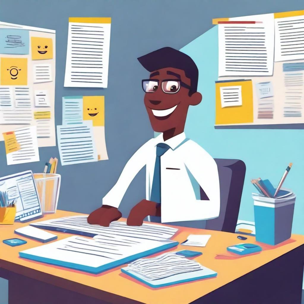 A vibrant and cheerful animated character, dressed in professional attire, working diligently at a desk with a computer, surrounded by office supplies