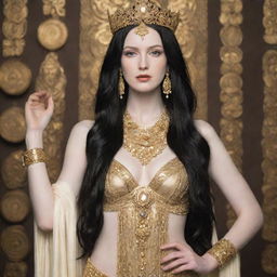 A tall woman with pale skin and long black hair, dressed as a goddess with an abundance of gold jewelry adorning her