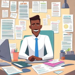 A vibrant and cheerful animated character, dressed in professional attire, working diligently at a desk with a computer, surrounded by office supplies