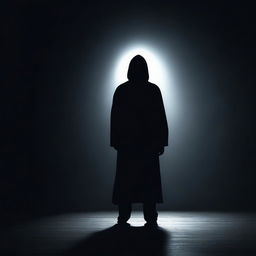 A mysterious figure standing in the dark, illuminated only by a faint, eerie light