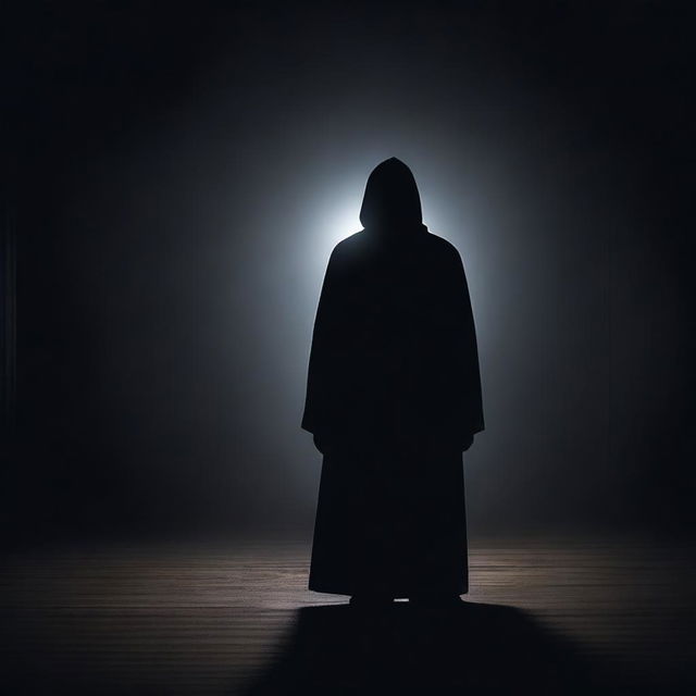 A mysterious figure standing in the dark, illuminated only by a faint, eerie light