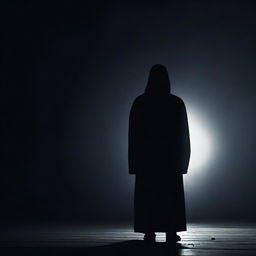 A mysterious figure standing in the dark, illuminated only by a faint, eerie light