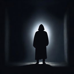 A mysterious figure standing in the dark, illuminated only by a faint, eerie light