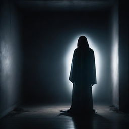 A ghostly figure standing in the dark, illuminated only by a faint, eerie light