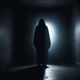 A ghostly figure standing in the dark, illuminated only by a faint, eerie light