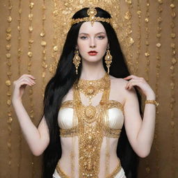 A tall woman with pale skin and long black hair, dressed as a goddess with an abundance of gold jewelry adorning her