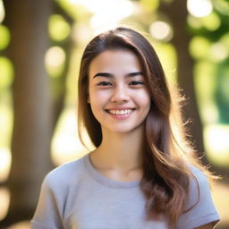 A detailed portrait of an 18-year-old girl with a warm smile, wearing casual clothing, standing in a natural outdoor setting with trees and sunlight