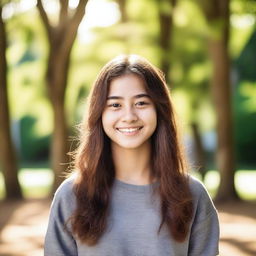 A detailed portrait of an 18-year-old girl with a warm smile, wearing casual clothing, standing in a natural outdoor setting with trees and sunlight