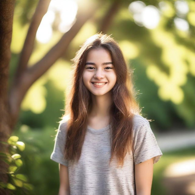 A detailed portrait of an 18-year-old girl with a warm smile, wearing casual clothing, standing in a natural outdoor setting with trees and sunlight