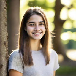 A detailed portrait of an 18-year-old girl with a warm smile, wearing casual clothing, standing in a natural outdoor setting with trees and sunlight