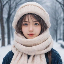 A charming anime girl dressed warmly wearing a scarf, amidst a gentle snowfall.