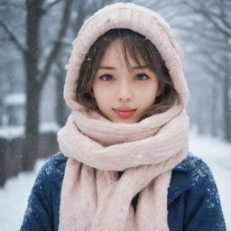 A charming anime girl dressed warmly wearing a scarf, amidst a gentle snowfall.