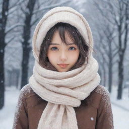 A charming anime girl dressed warmly wearing a scarf, amidst a gentle snowfall.