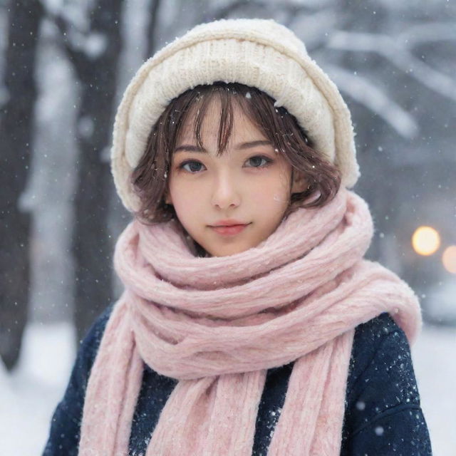 A charming anime girl dressed warmly wearing a scarf, amidst a gentle snowfall.