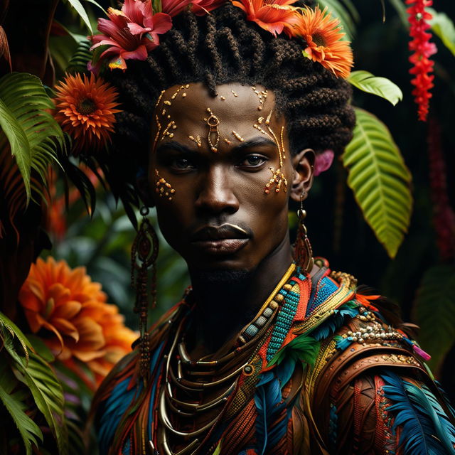 Hyper-realistic 3D photograph of a different androgynous African man in tribal attire in a vibrant mystical jungle.