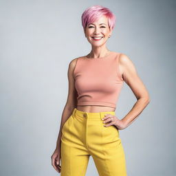 A 50-year-old woman with short pink hair and yellow eyes, wearing a stylish outfit