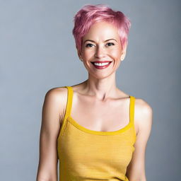 A 50-year-old woman with short pink hair and yellow eyes, wearing a stylish outfit