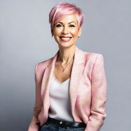 A 50-year-old woman with short pink hair and yellow eyes, wearing a stylish outfit