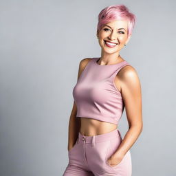 A 50-year-old woman with short pink hair and yellow eyes, wearing a stylish outfit