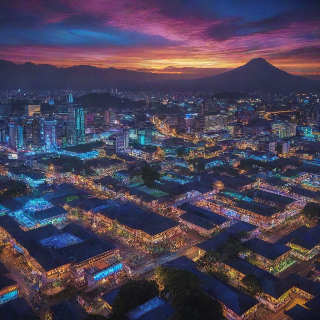 A scenery where the iconic landscapes and architecture of Indonesia intermix with an electropunk theme, replacing traditional motifs with vibrant neon colors, high-tech LED batiks, and a digital-city merge.