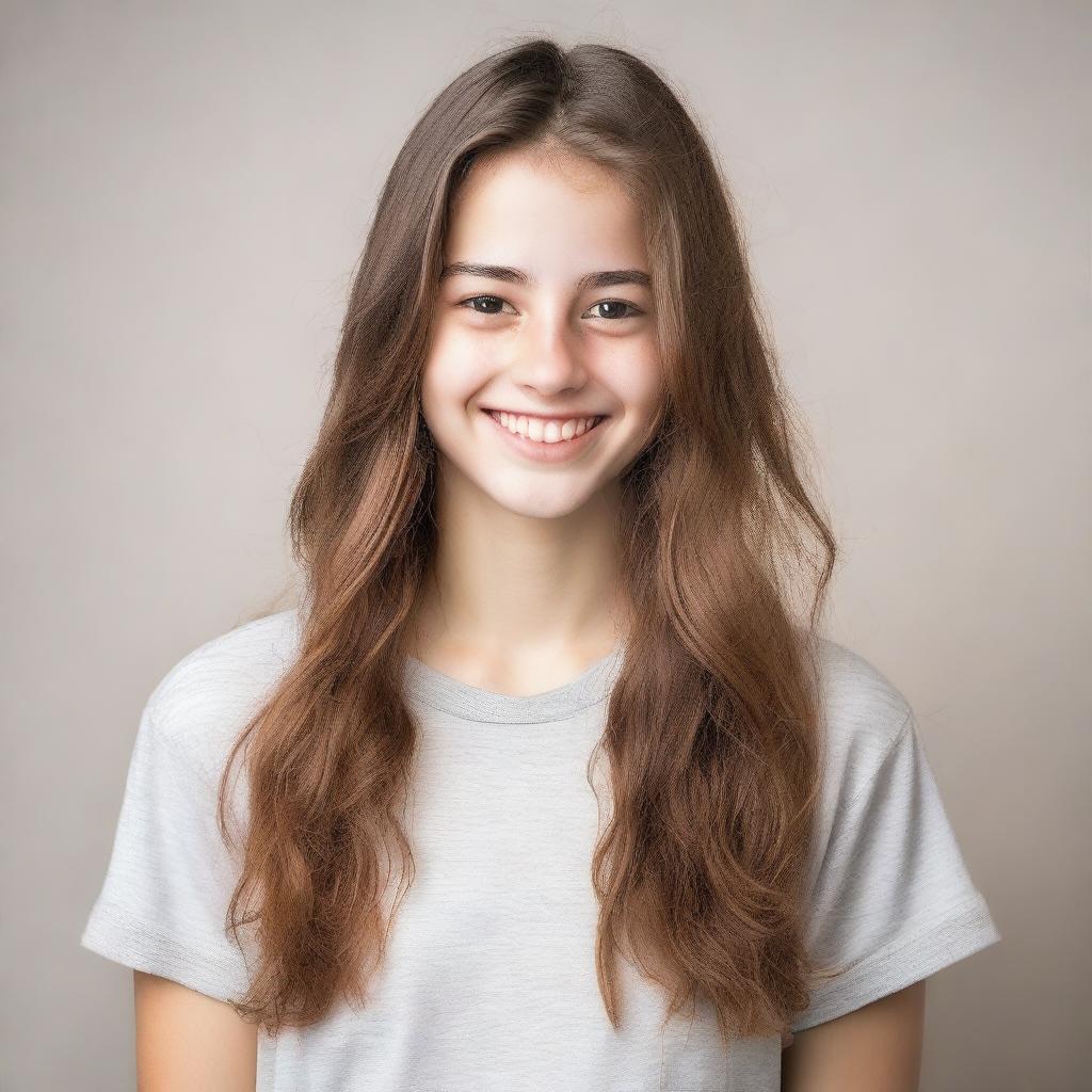 A portrait of an 18-year-old girl with a friendly smile, wearing casual clothing