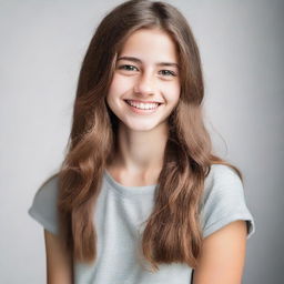 A portrait of an 18-year-old girl with a friendly smile, wearing casual clothing