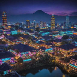 A scenery where the iconic landscapes and architecture of Indonesia intermix with an electropunk theme, replacing traditional motifs with vibrant neon colors, high-tech LED batiks, and a digital-city merge.