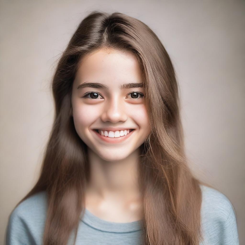 A portrait of an 18-year-old girl with a friendly smile, wearing casual clothing