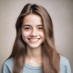 A portrait of an 18-year-old girl with a friendly smile, wearing casual clothing