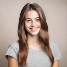 A portrait of an 18-year-old girl with a friendly smile, wearing casual clothing