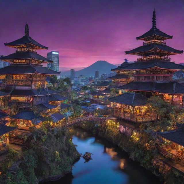 A scenery where the iconic landscapes and architecture of Indonesia intermix with an electropunk theme, replacing traditional motifs with vibrant neon colors, high-tech LED batiks, and a digital-city merge.