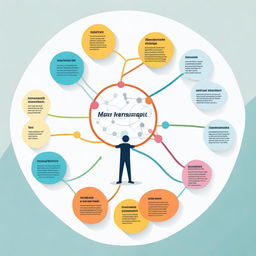 Create an illustration of a mind map with a central figure at the center