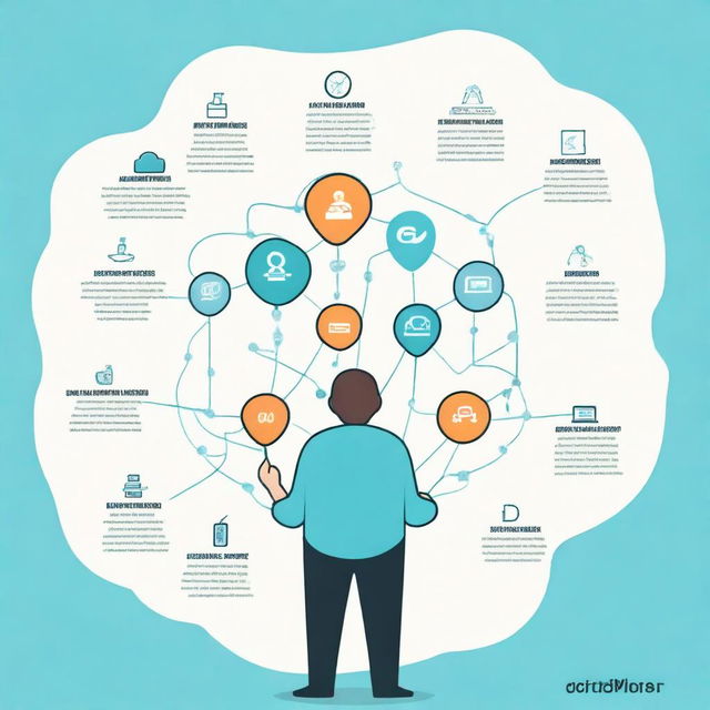 Create an illustration of a mind map with a central figure at the center