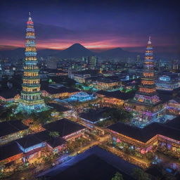 A scenery where the iconic landscapes and architecture of Indonesia intermix with an electropunk theme, replacing traditional motifs with vibrant neon colors, high-tech LED batiks, and a digital-city merge.