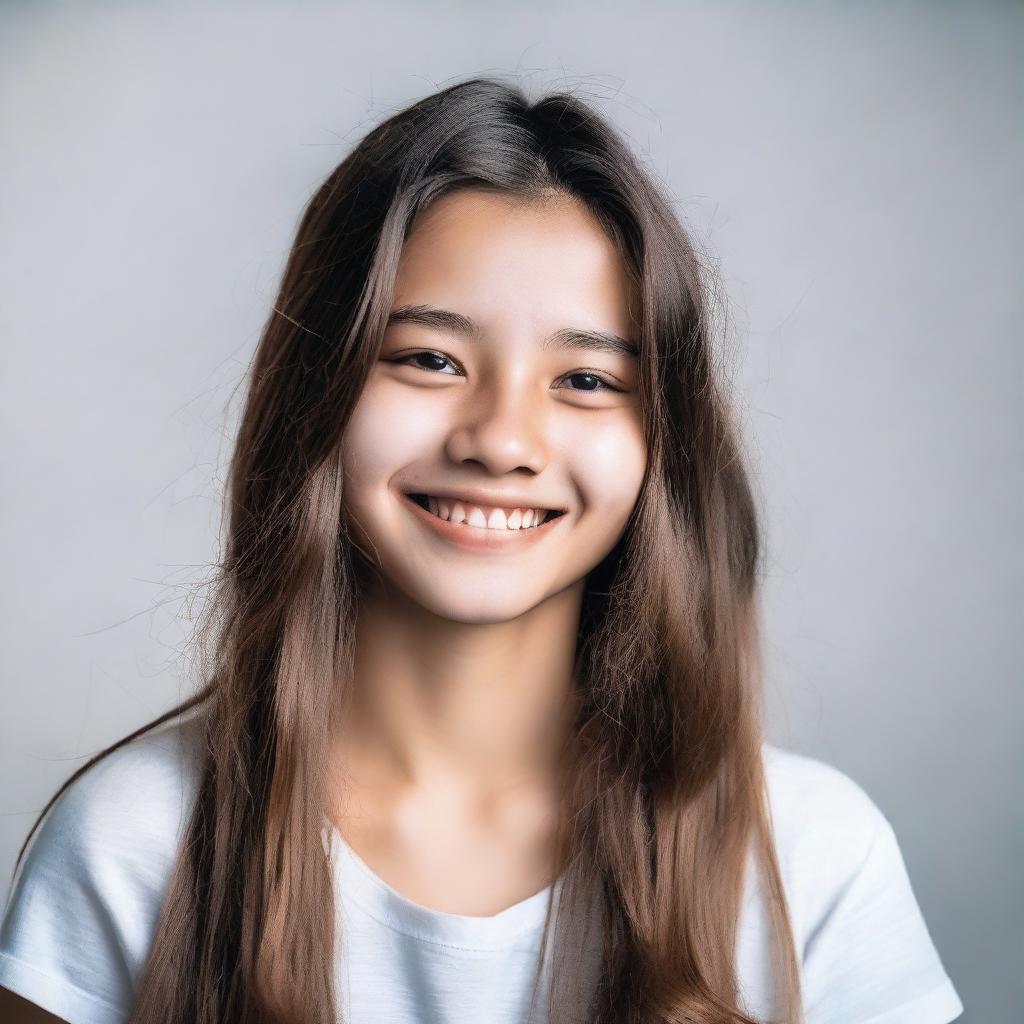 A portrait of an 18-year-old girl smiling brightly