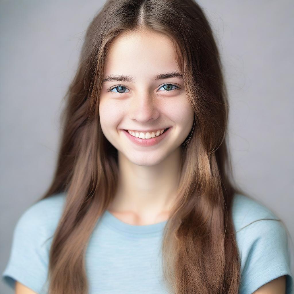 A portrait of an 18-year-old girl with a friendly smile, wearing casual clothing