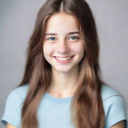 A portrait of an 18-year-old girl with a friendly smile, wearing casual clothing