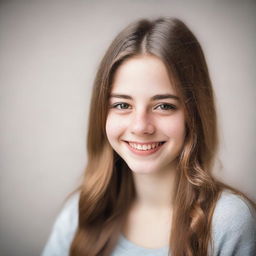 A portrait of an 18-year-old girl with a friendly smile, wearing casual clothing