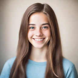 A portrait of an 18-year-old girl with a friendly smile, wearing casual clothing