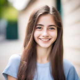 A portrait of an 18-year-old girl with a friendly smile, wearing casual clothing