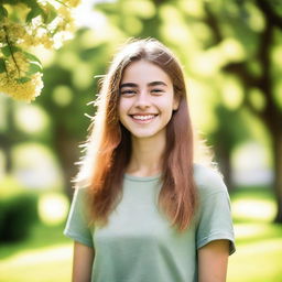 A vibrant and youthful 18-year-old girl with a bright smile, wearing casual clothing, standing in a sunny park with green trees and flowers around