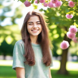 A vibrant and youthful 18-year-old girl with a bright smile, wearing casual clothing, standing in a sunny park with green trees and flowers around