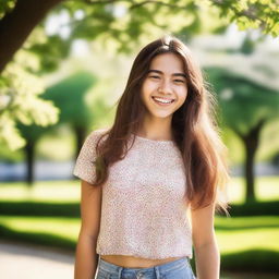 A vibrant and youthful 18-year-old girl with a bright smile, wearing casual clothing, standing in a sunny park with green trees and flowers around