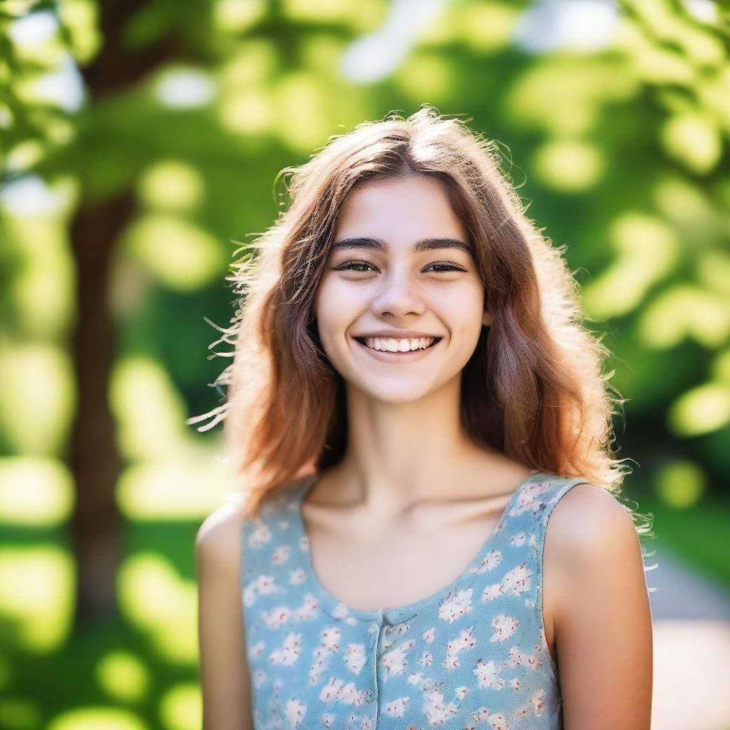 A vibrant and youthful 18-year-old girl with a bright smile, wearing casual clothing, standing in a sunny park with green trees and flowers around