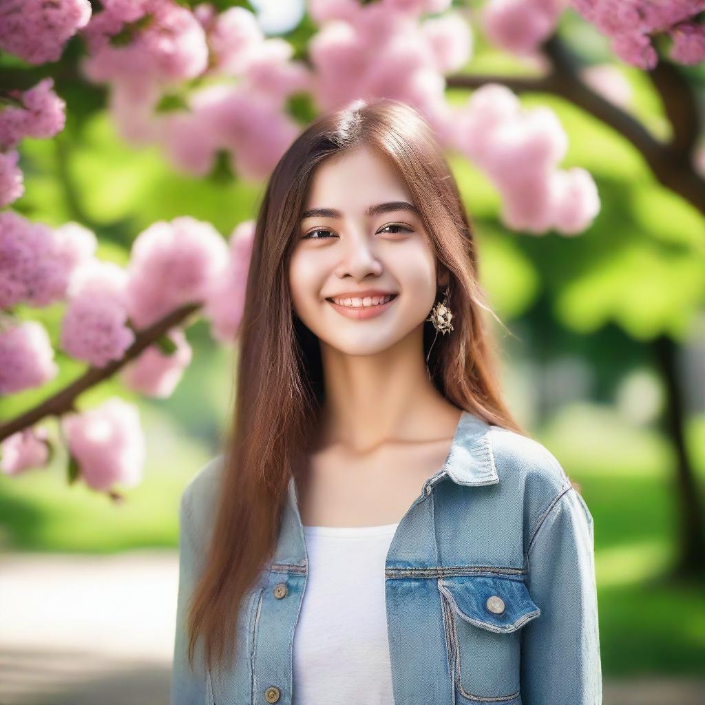 A beautiful and pretty 18-year-old girl with a bright smile, wearing fashionable casual clothing