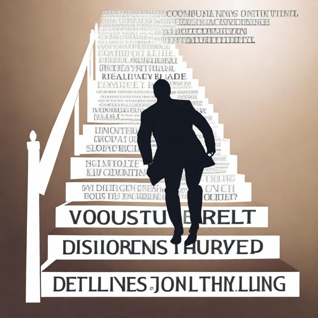 A dynamic image of a person ascending a staircase, each step labeled with words like Focus, Discipline, Goal, Growth, and Achievement