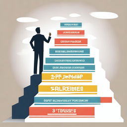 A dynamic image of a person ascending a staircase, each step labeled with words like Focus, Discipline, Goal, Growth, and Achievement