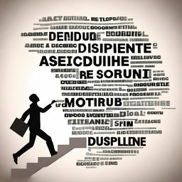 A dynamic image of a person ascending a staircase, each step labeled with words like Focus, Discipline, Goal, Growth, and Achievement