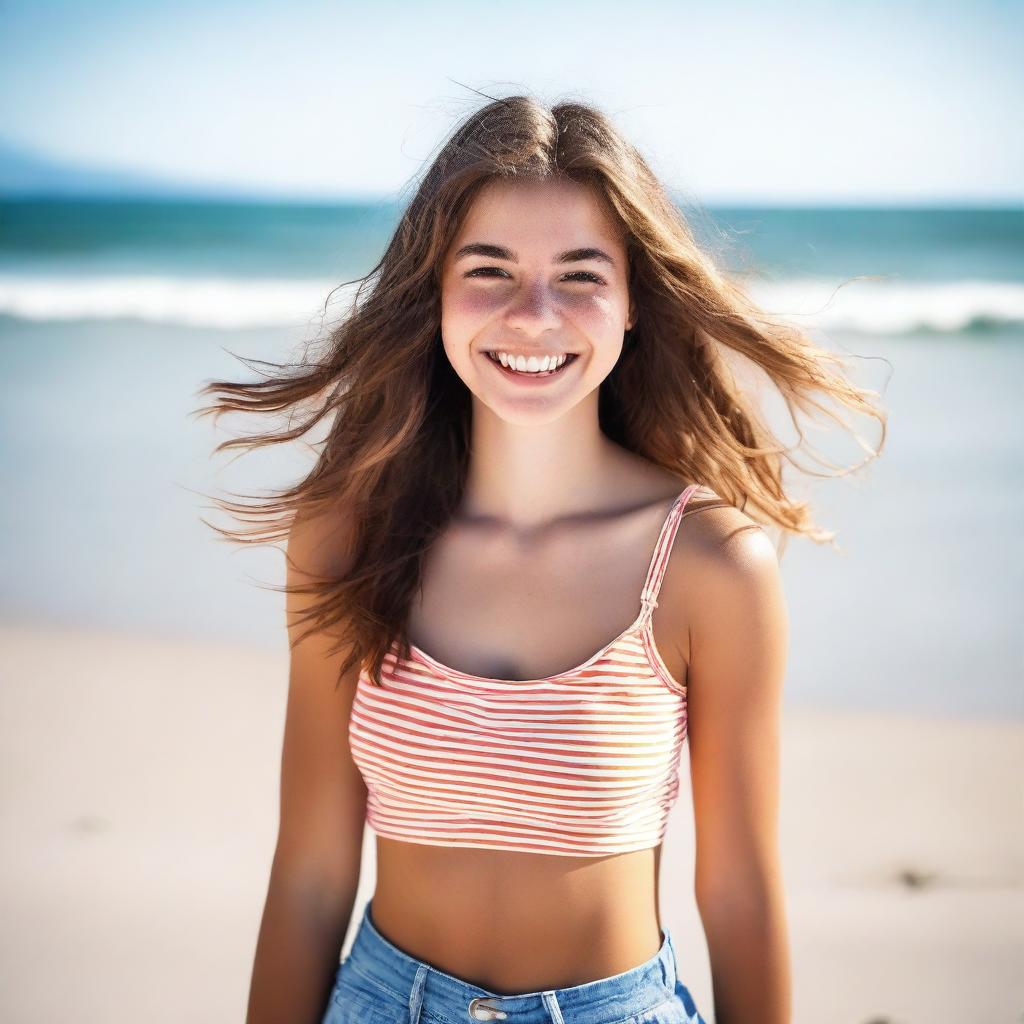 A vibrant and youthful 18-year-old girl with a bright smile, wearing a summer outfit, standing on a sunny beach with the ocean in the background